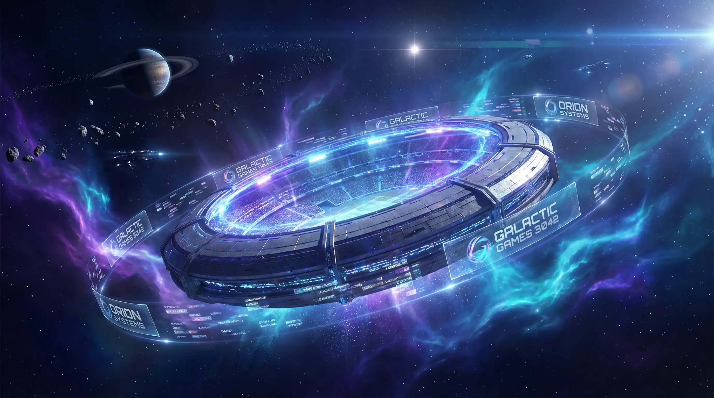 万博体育 太空探索主题背景 - 星际体育场漂浮在宇宙中